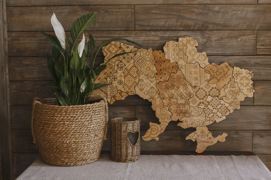 Wooden Map of Ukraine Vyshyvanka