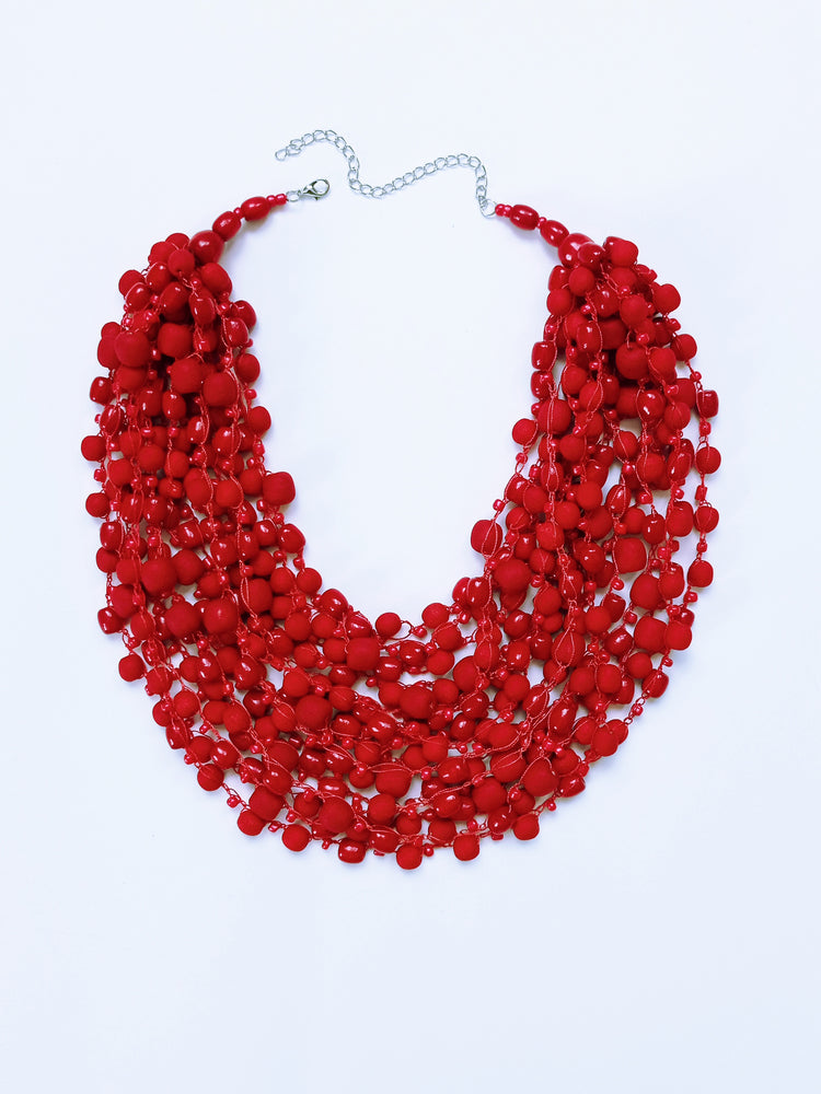 Red bead necklace with matte and glossy beads