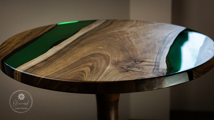 Coffee table with green transparent epoxy