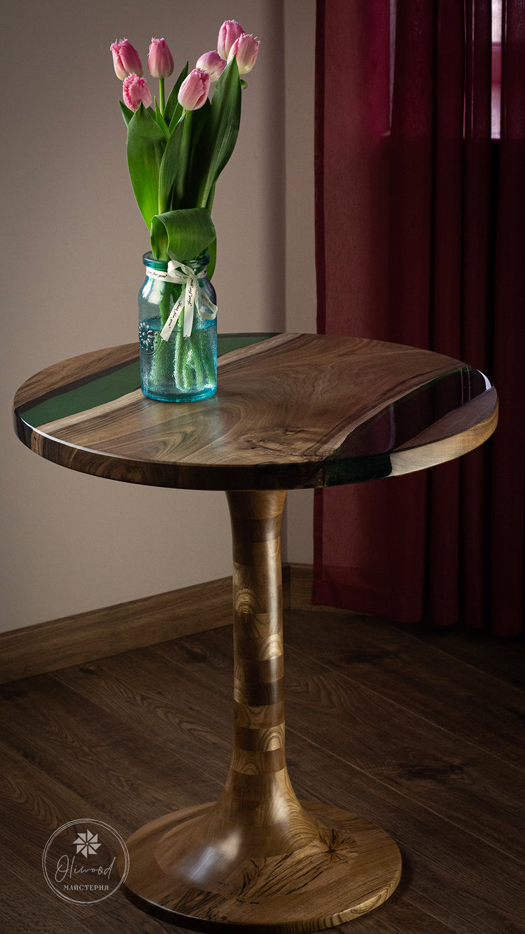 Coffee table with green transparent epoxy