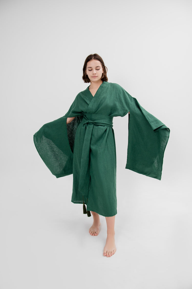 Wrapped dress with long traditional Japanese kimono sleeves